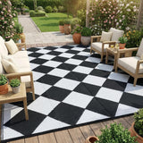 Garvee 9x12 Outdoor Rug Plastic Straw Waterproof Reversible Mat for Patio Porch Backyard Camping RV Beach Balcony Deck Checkered White - White