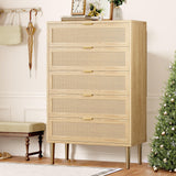 Garvee Rattan 5 Drawer Dresser with Metal Legs and Handles for Bedroom and Living Room, 44'' Tall Narrow Chest, Oak