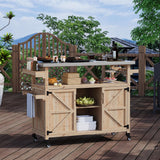 Garvee Outdoor Grill Cart with Storage Cabinet, Stainless Steel Tabletop, Portable BBQ Prep Station for Deck, Patio, Backyard, Natural Wood - Natural