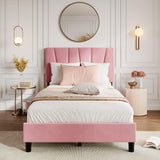 Garvee Twin Size Bed Frame with Adjustable Headboard, Velvet Upholstered, Pink, Twin - Pink