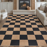 Garvee Easy Jute 8x10 Checkered Area Rug, Non-Slip Washable Indoor Outdoor Jute-Look Carpet, Black & Tan Farmhouse Rug for Living Room, Patio, Kitchen & Entryway