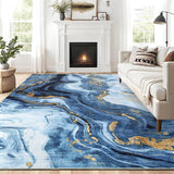 Garvee 8' × 10' Washable Abstract Area Rug, Modern Marble Swirl Non-Slip Low Pile Rug, Soft Indoor Carpet for Living Room, Bedroom & Dining Room, Blue