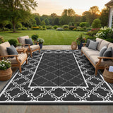 Garvee Modern Border 9x18 Large Outdoor Rug Reversible Vintage Floral Plastic Straw Rug Black White for Patio, Deck, Balcony, Backyard - Black