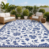 Garvee Large Floral Outdoor Rug 8x10 Navy & White Waterproof Patio Rug Vintage Reversible Plastic Straw Camping Rug for Backyard Deck Balcony Porch Beach Trailer - Floral|Navy＆White