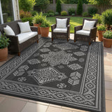 Garvee Waterproof Outdoor Rug 8x10 Reversible Plastic Straw Patio Rug Black for Picnic, Backyard, Beach, Deck, Camper, Balcony - Vintage-Black & Grey