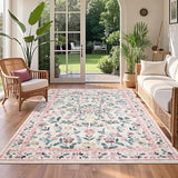Garvee Washable Rug 5 x 7, Low Pile Farmhouse Floral Carpet, Non-Slip Soft Vintage Throw Rug, Non-Shedding Indoor Foldable Printed Rugs for Bedroom Dining Room Kitchen, Pink