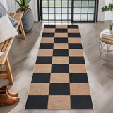 Garvee Checkered Easy Jute Runner Rug 2x6 Non-Slip Machine Washable Indoor Outdoor Black Tan Farmhouse Style