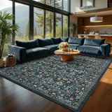 Garvee Washable 8x10 Area Rug Vintage Floral Non-Slip Low Pile Stain Resistant Soft Large Carpet for Living Room Bedroom Dining Room Kitchen Dark Black - Dark Black