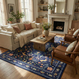 Garvee 9x12 Washable Area Rug, Non-Slip Floral Animal Print Rug with Peacock & Deer, Soft Low Pile Stain-Resistant Carpet for Living Room, Bedroom & Dining Room, Blue