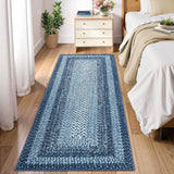 Garvee Bordered Grey Blue 2x10 Runner Rugs for Hallways, Washable Braided Printed Area Rug with Non-Slip Backing, Low Pile Rugs Carpet Runners for Bedroom Entryway Kitchen