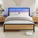 Garvee Rattan Queen Size Bed Frame with LED Lights, Boho Headboard, Heavy Duty Steel Slat Support, Black