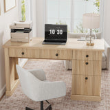 Garvee 54" Home Office Desk, Fluted Executive Desk with File Drawers, Wooden Computer Desk with Charging Station for Study Room, Burlywood - Burlywood