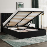 Garvee Queen Size Lift Up Storage Bed Frame with Gold Wingback Headboard, Velvet Upholstered, Hydraulic Support, Black - Black