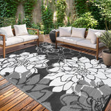Garvee Outdoor Rug Waterproof 9x12 Reversible Plastic Straw Rug for Patio Backyard RV Camping, Black and White - Floral|Black&White