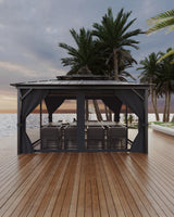 Garvee Hardtop Gazebo Double Metal Roof Patio 12x14 ft Gray Outdoor All Weather Shelter - Black Spray + Gray Cloth Black Mesh