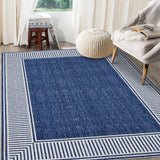 Garvee Bordered Blue 5x7 Washable Rug for Bedroom Large Living Room Rug with Rubber Backing Casual Striped Border Throw Carpet Modern Contemporary Area Rug for Dining Room Nursery Entry