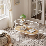Garvee Bohemian Rattan Coffee Table with Glass Top, Oval 2-Tier Metal Frame, Rustic Style, Compact for Small Spaces, Natural Color