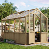 Garvee 6x10 FT Wooden Greenhouse - Walk-In Garden Green House with Adjustable Roof Vents & Lockable Door, Green, Large Spruce Frame, PC Panels - Natural Oak