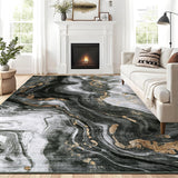Garvee Modern Washable Rugs 5x7 Neutral Abstract Throw Rugs, Non-Slip Abstract Accent Carpet with Marble Swirl Pattern, Stain-Resistant Low Pile Indoor Carpet Rug for Living Room, Bedroom, Black