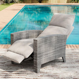 Garvee Outdoor Recliner Chair 150° Adjustable Patio Lounge Chair with Linked Backrest & Footrest Wicker Flip-Up Side Table Removable Cushions - Grey+Beige