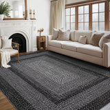 Garvee Bordered Black 9x12 Area Rug Large Machine Washable Rug for Living Room Print Braided Floor Cover Stain Non-Slip Farmhouse Solid Printed Textured Carpet for Home Decor