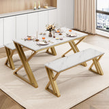 Garvee Kitchen Table Set with 2 Benches, Faux Marble Tabletop, Space-Saving Dining Room Table for Kitchen, Apartment, Sturdy Metal Frame, Wood Finish - Marble Panel + Gold Tube