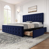 Garvee King Size Bed Frame With 4 Storage Drawers And Velvet Upholstered Adjustable Headboard, Wooden Slats Support, Blue - Blue