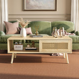 Garvee Wood Coffee Table with Storage, Boho Center Sofa Table, Sliding Door, Living Room, Bedroom, Natural Rattan, Sturdy Wood Legs - Oak