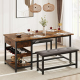 Garvee Vintage Dining Table Set for 4 with Benches, Metal Frame & MDF, Rustic Kitchen Table with Storage, Small Space, Apartment, Brown - Retro Brown