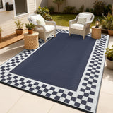 Garvee 9x18 Modern Checkered Outdoor Rugs Waterproof Patio Rugs Indoor Outdoor Bordered Reversible Mat Foldable Lightweight Plastic Straw Carpet Navy - Checkered-Navy & White