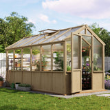 Garvee 6x12 FT Wooden Greenhouse - Walk-in Garden Green House with PC Panels, Adjustable Roof Vents, Lockable Door, Green Color - Natural Oak