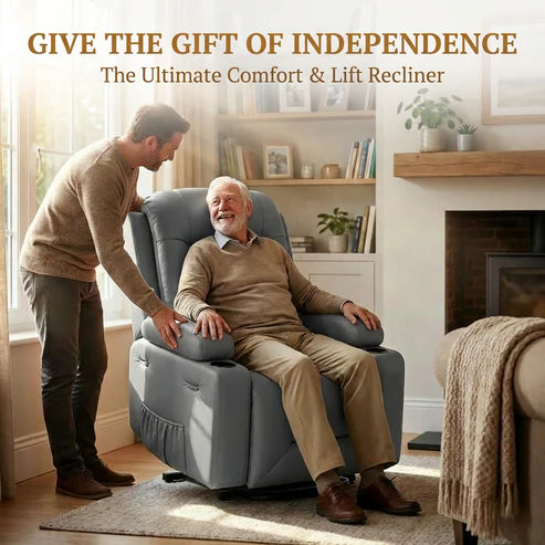 Garvee Power Lift Recliner Chair - Heat and Massage, Adjustable Back and Legs, PU Leather Electric Lift Chair Designed for Mobility Aid Elderly Relaxation, Grey