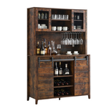 Garvee 70'' Wine Coffee Bar Cabinet with Storage Hutch, Tall Kitchen Pantry Liquor Cabinet with Sliding Barn Doors, Bottle Glasses Rack, Farmhouse Buffet for Home Dining Room, Brown