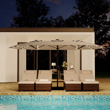Garvee 15FT Large Patio Umbrella with Base and Solar Lights, Double-Sided Rectangle Oversized Shade for 8-10 People, Tan, 15FT with Base and Lights