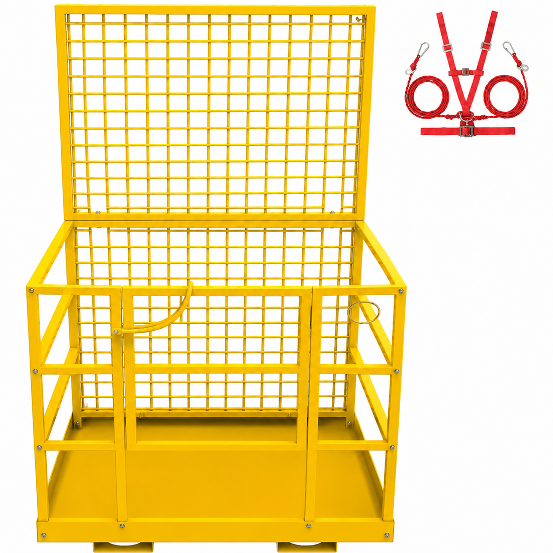Garvee 43"x45" 2-Man Forklift Safety Cage Work Platform (Man Basket) Heavy-Duty Steel, Collapsible w/ Wheels, Safety Harness & Lock, 2200 lb Capacity - Square Tube, Yellow