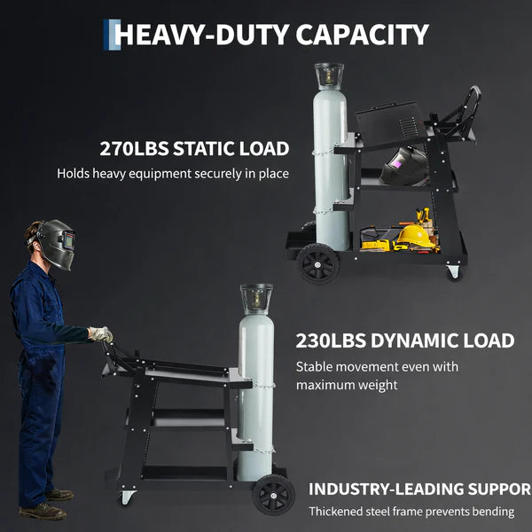 Garvee 3 Tier Welding Cart Heavy Duty Welder Cart With 360° Swivel Wheels And Tank Storage Chains For TIG ARC MMA Plasma Cutter Welding Machine Black