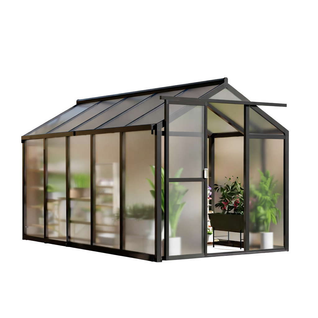 Garvee 6x10 ft Greenhouse, Black Aluminum Frame with Polycarbonate Panels, Walk-In Outdoor Plant Shelter with Sliding Door, Adjustable Roof Vent and Integrated Rain Gutters, Slide-In Assembly for Backyard Garden and Patio Growing