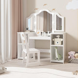 Garvee Kids Vanity Table, Girls 2 in 1 Princess Makeup Desk with Touch Light Detachable Tri-Folding Mirror, Open Storage Shelves, Wood Makeup Playset with Chair, Princess Vanity Table for Little Girls - White