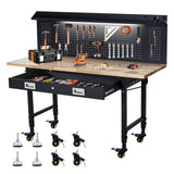 Garvee 60" Adjustable Height Workbench With Rubber Wood Tabletop, Pegboard, Storage Drawers, Wheels, Power Outlet For Garage Workshop, 2000lbs Capacity, Black