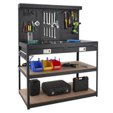 Garvee 48 in WorkBench Metal Tool Storage Bench with Pegboard 3 Drawers Power Outlet Garage Workshop Basement Black - Black