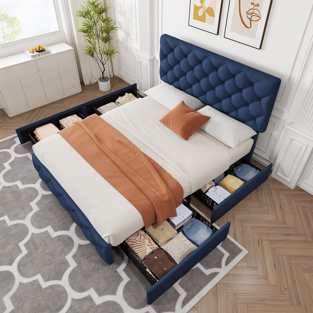 Garvee Queen Size Bed Frame with 4 Storage Drawers, Linen Upholstered Platform Bed Frame with Adjustable Headboard, Diamond Stitched Button Tufted, No Box Spring Needed, Blue