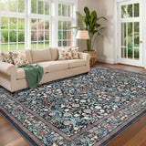 Garvee 10' x 13' Extra Large Washable Floral Botanical Area Rug, Non‑Slip Vintage Carpet for Spacious Living Room & Open Floor Plan, Soft Low‑Pile Rug, Black