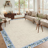 Garvee Bordered Beige 10x13 Machine Washable Floral Area Rug Low Pile Soft Faux Wool TPR Backing Non-Slip Lightweight Foldable for Living Room Bedroom