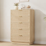 Garvee 5 Drawer Rattan Dresser - Light Wood Finish Chest with Integrated Cabinet & Legs - Metal Handles, Modern Storage Organizer, Easy Assembly, Bedroom, Hallway, Closet - Color: Natural Wood