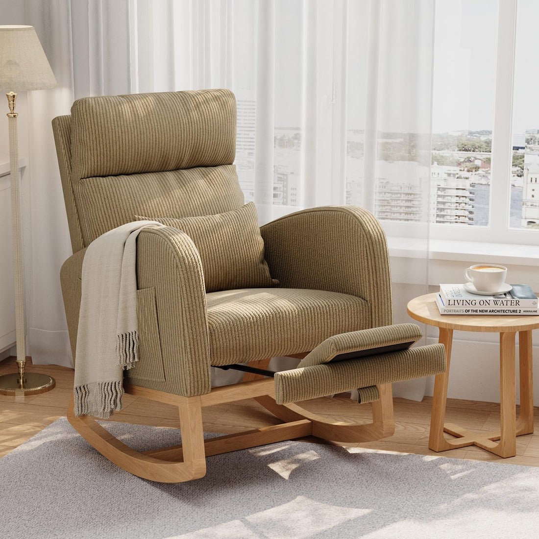 Garvee Light Brown Sherpa Rocking Chair Adjustable Reclining Rocker With Armrest Pocket Cozy Living Room Nursery Chair