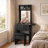 Garvee Makeup Vanity Set LED Mirror 3-Color Lights Foldable Table Gray Padded Stool Storage Compact Bedroom - Black