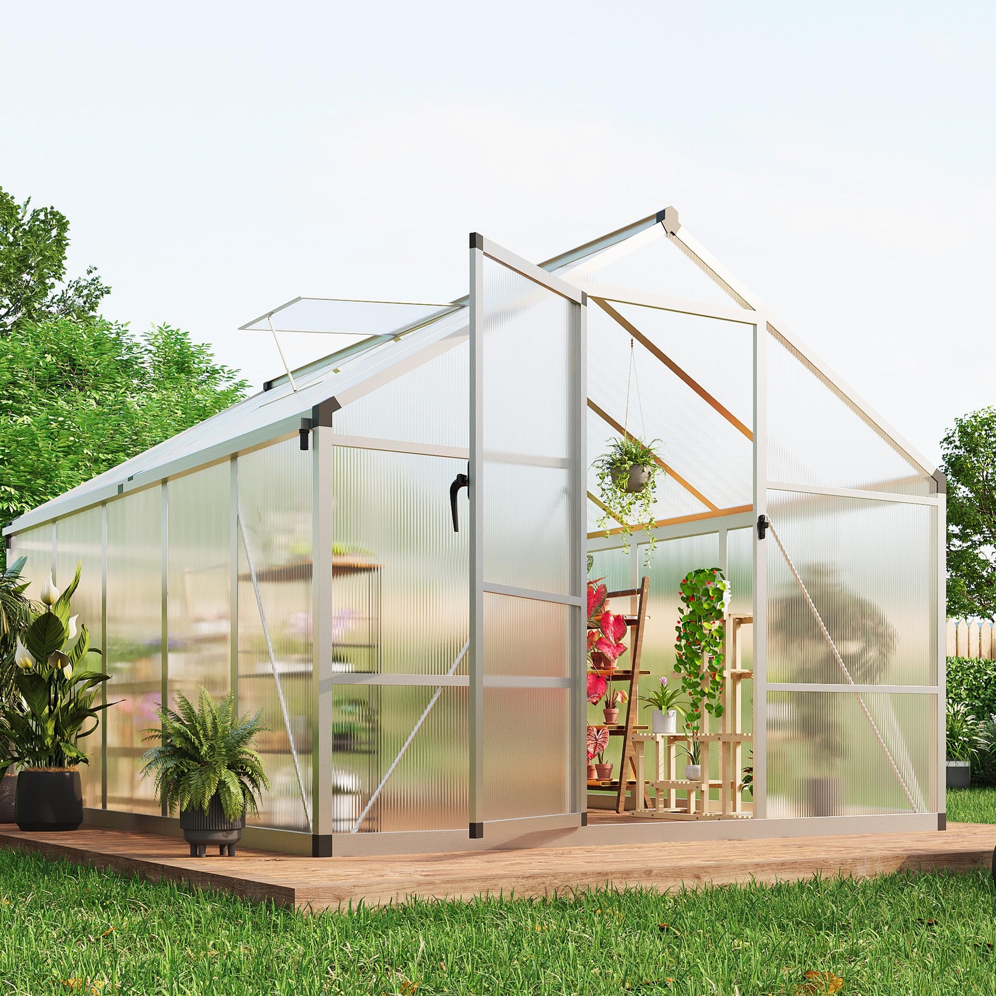 Garvee 8x10 ft Polycarbonate Greenhouse with Aluminum Frame, Lockable Door, Adjustable Roof Vent for Backyard Garden, Silver, Durable