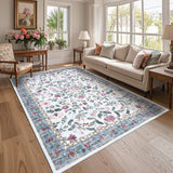 Garvee Washable Area Rug 8x10 Non-Slip Soft Vintage Living Room Rug, Low Pile Farmhouse Floral Carpet, Non-Shedding Foldable Printed Rugs for Home Office Kids Playroom, Light blue
