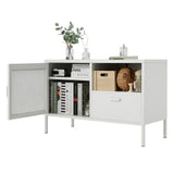 Garvee 37.8" TV Stand Metal Storage Cabinet with Drawer & Vent Door, Adjustable Inner Shelf, Waterproof Easy-Clean Surface, Load-Bearing Thick Shelves, Anti-Slip Feet, White