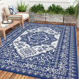 Garvee Outdoor Navy Blue & White 10x14 Rug Waterproof Reversible Vintage Medallion Plastic Straw Weather-Resistant UV-Protected Dark Blue/White Patio Deck Picnic